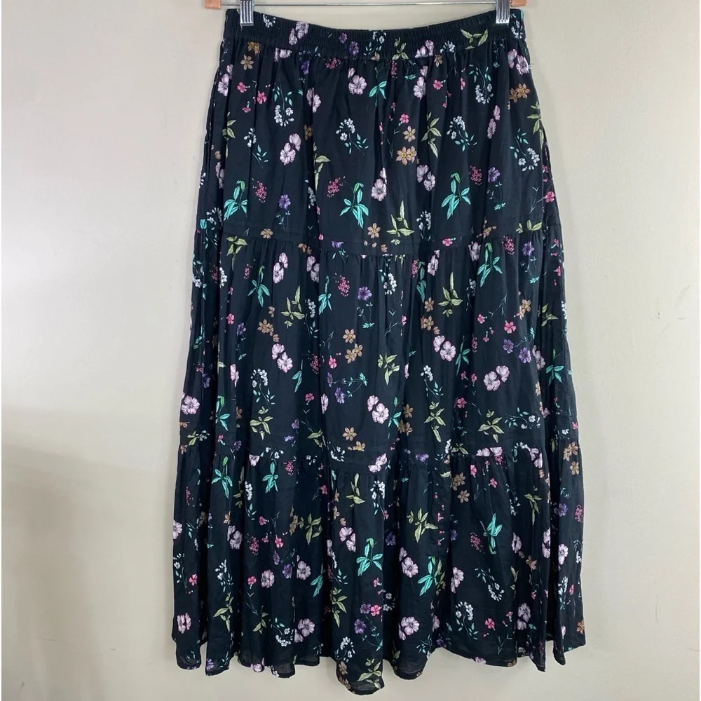 Antthony HSN Black Floral Cottagecore 100%‎ Cotton Tiered Skirt w/Pockets Sz L